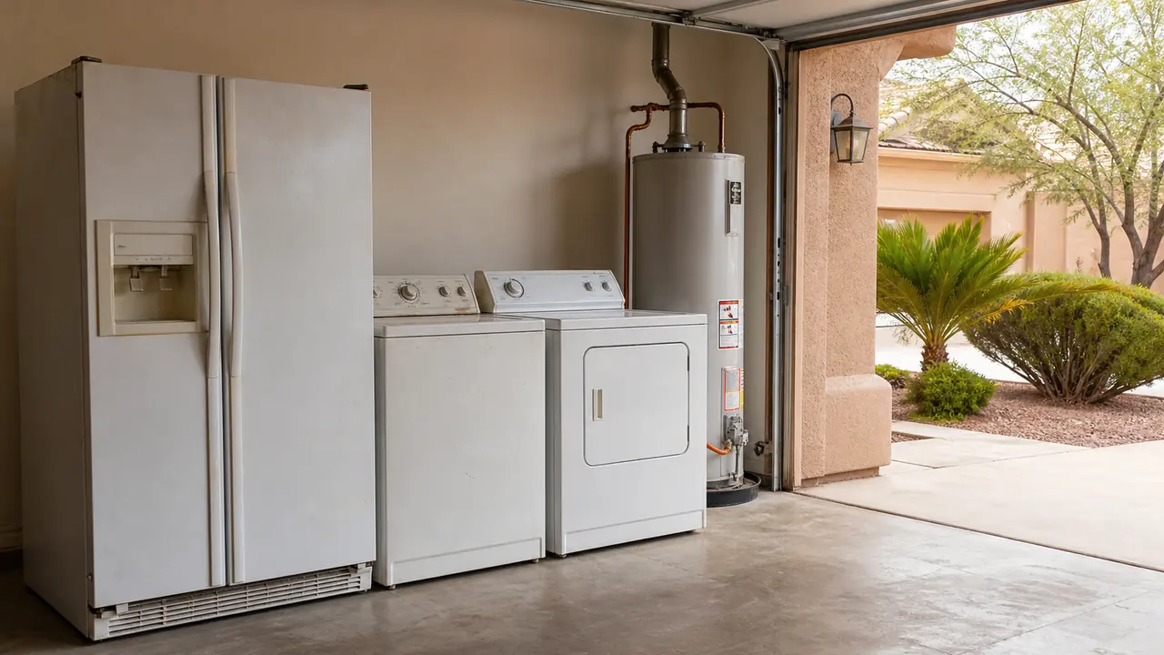 Refrigerator washer dryer and water heater staged in a garage for appliance removal