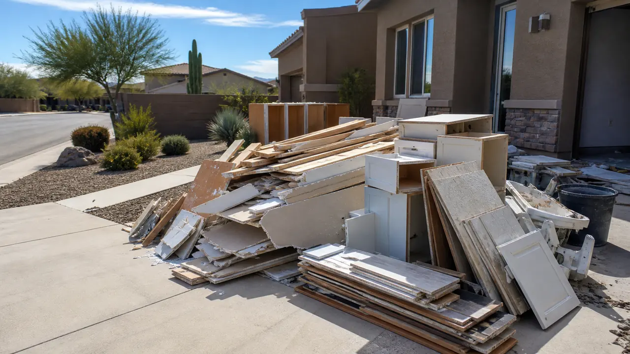 Cabinets drywall tile lumber and remodel debris staged on a driveway