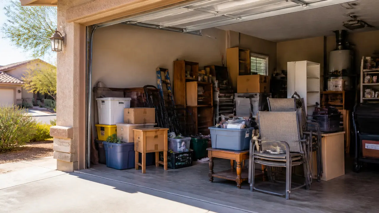 Garage cleanout items organized for junk removal pickup