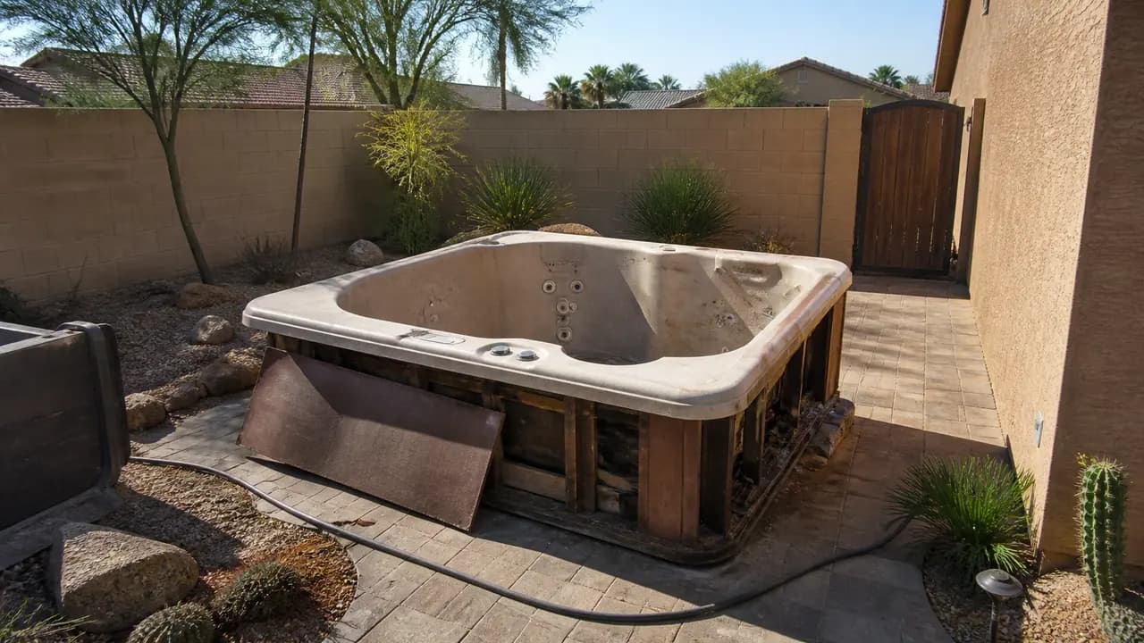 Old hot tub in a Phoenix backyard ready for removal