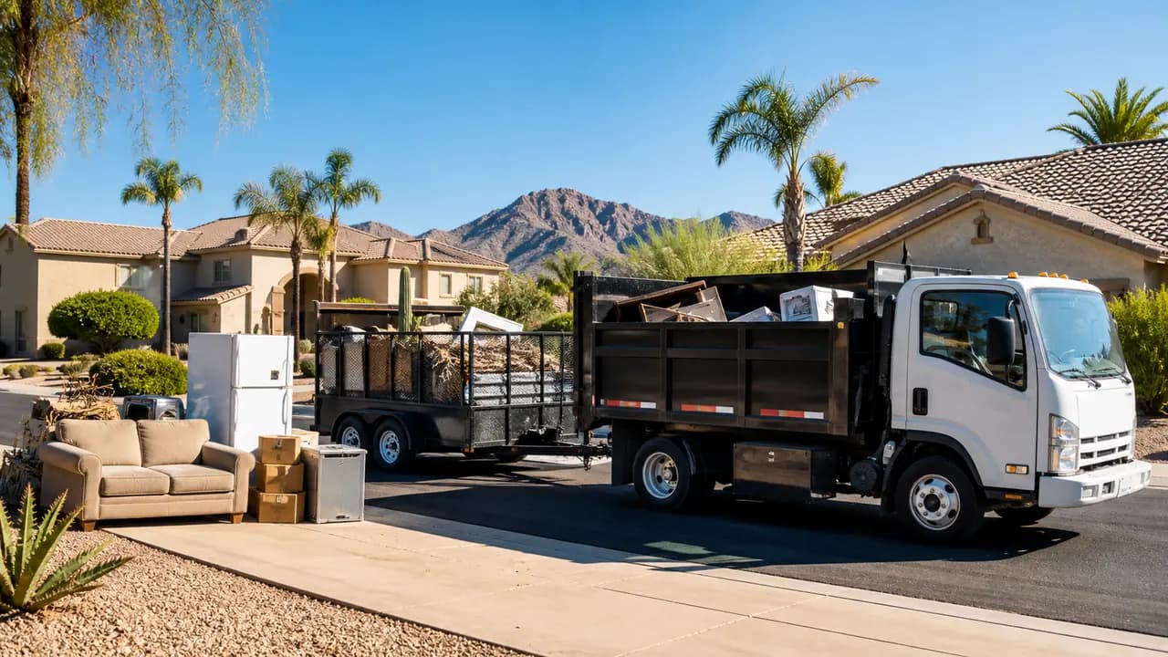 Junk removal truck staged for curbside pickup in a Phoenix neighborhood